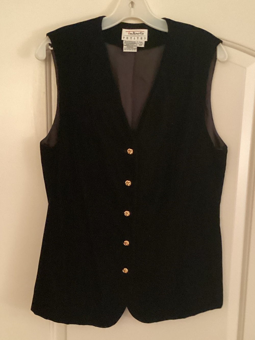 Talbots Black Velvet Button-Front Sleeveless Vest with Gold Buttons